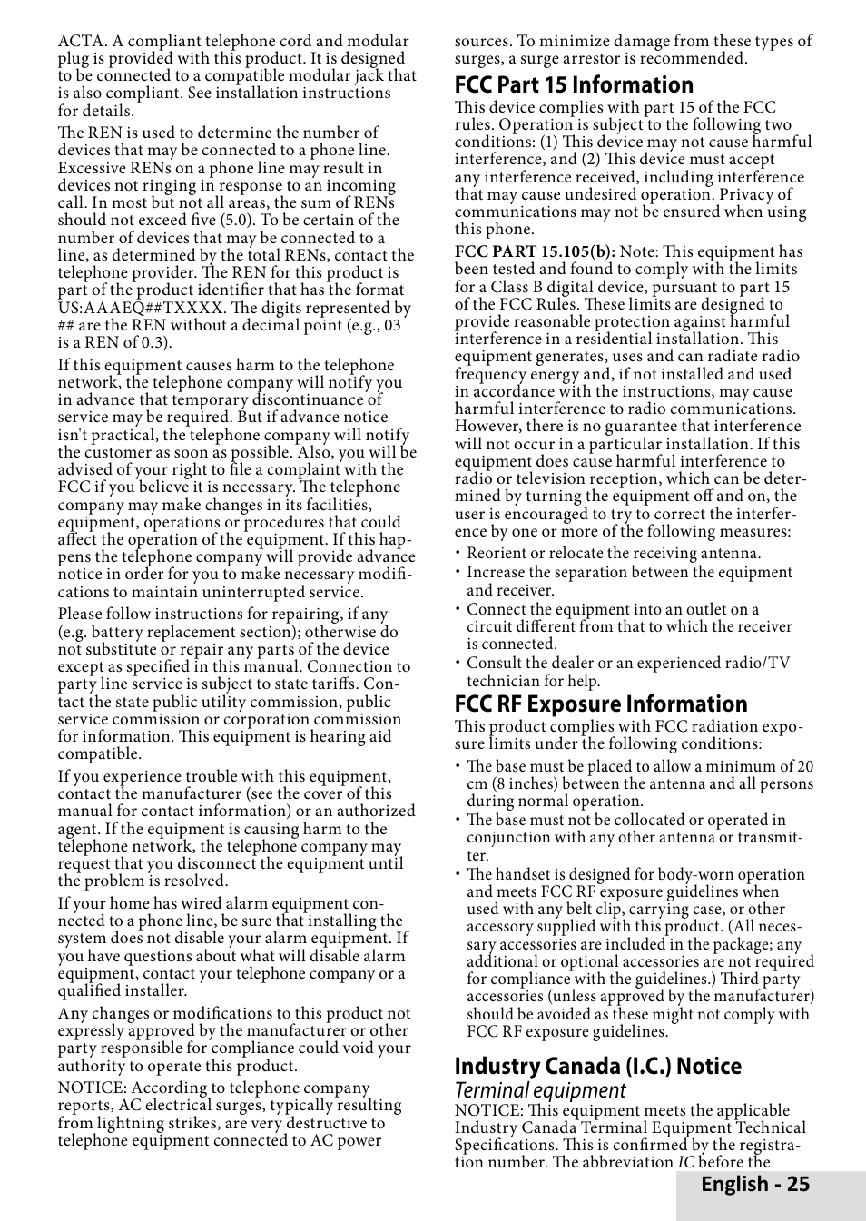 Fcc part 15 information, Fcc rf exposure information, Industry canada (i.c.) notice | English, Terminal equipment | Uniden D3280 User Manual | Page 25 / 26