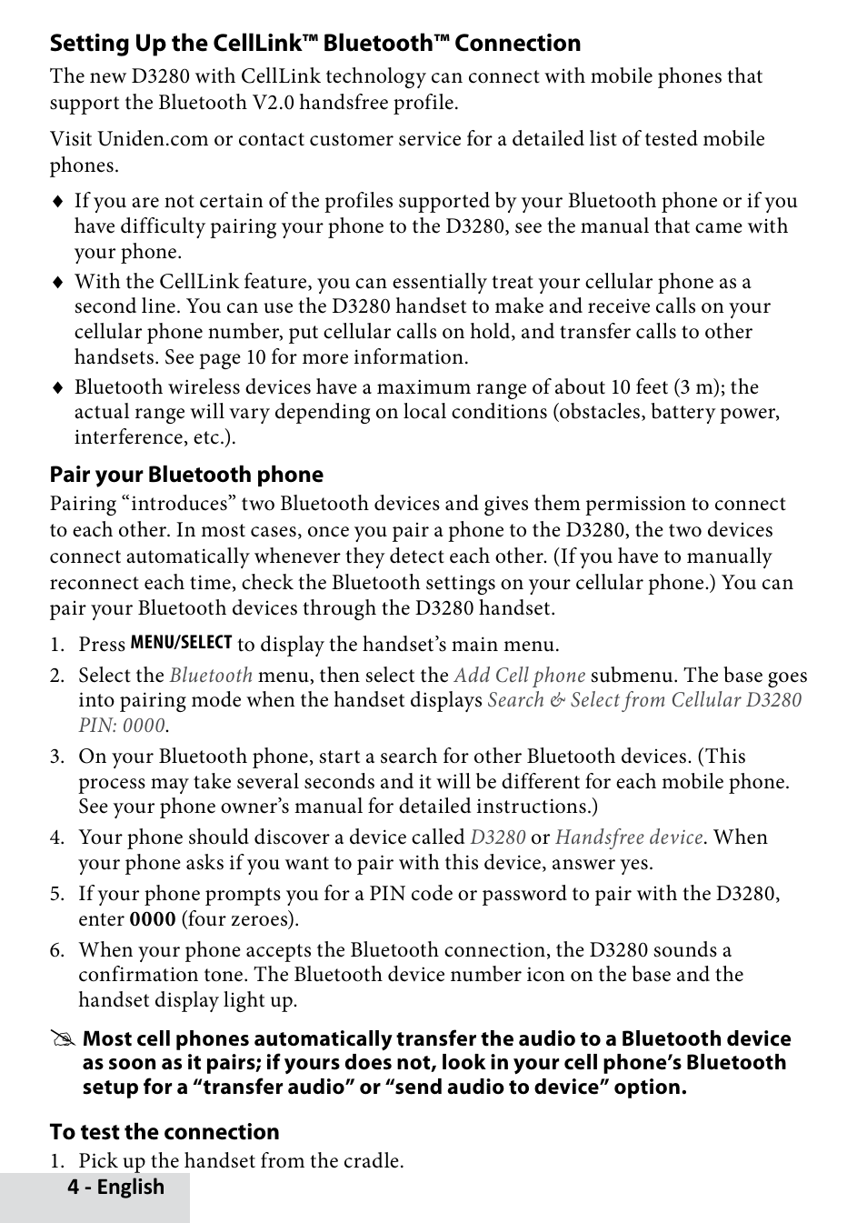 Setting up the celllink, Bluetooth™ connection | Uniden D3280 User Manual | Page 4 / 26