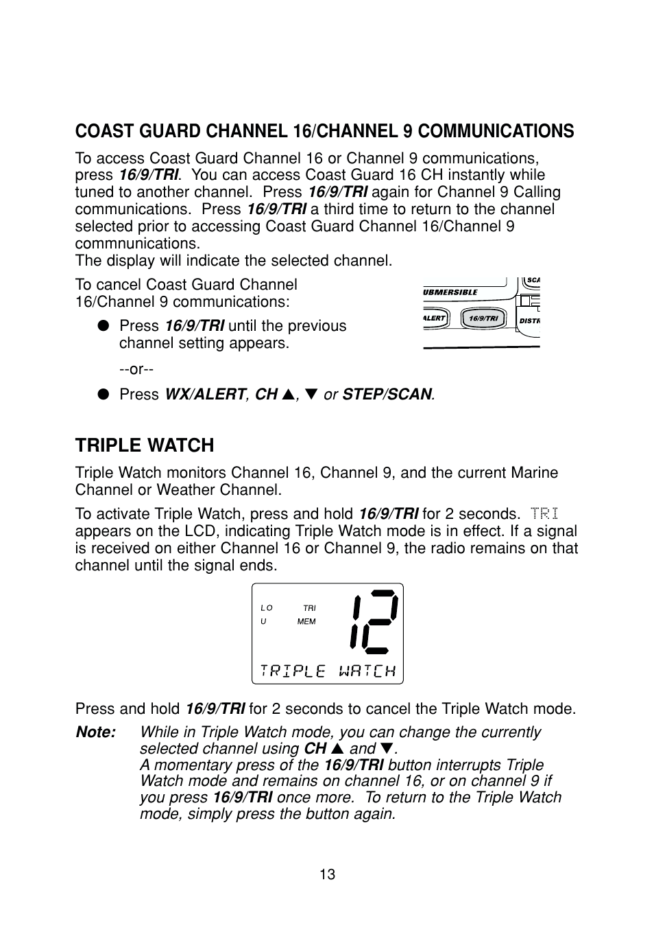 Triple watch, Coast guard channel 16/channel 9 communications | Uniden DSC Series User Manual | Page 16 / 68