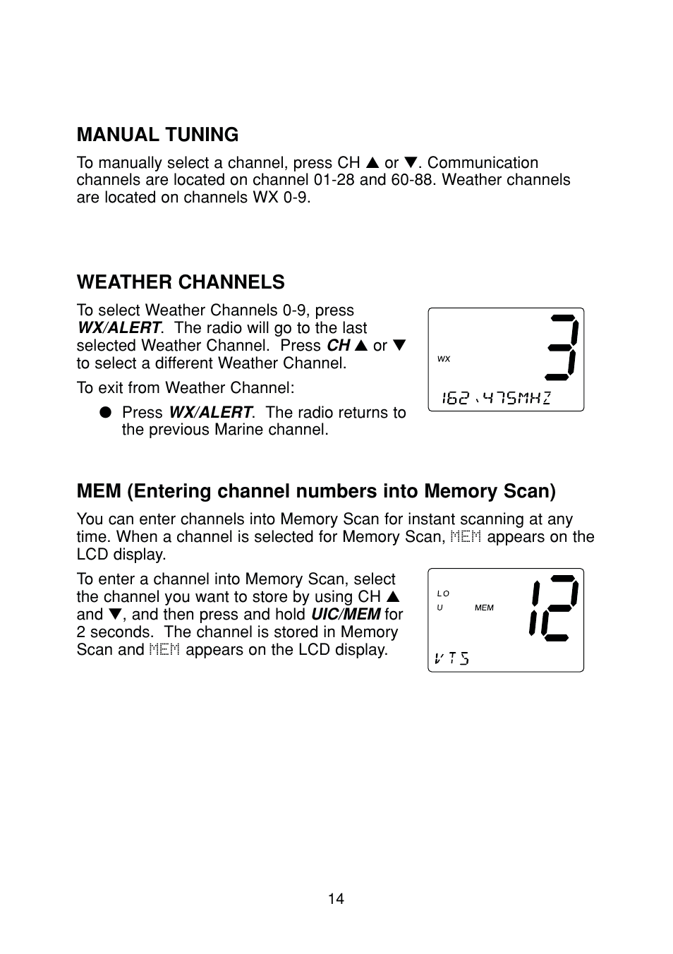 Weather channels, Manual tuning | Uniden DSC Series User Manual | Page 17 / 68