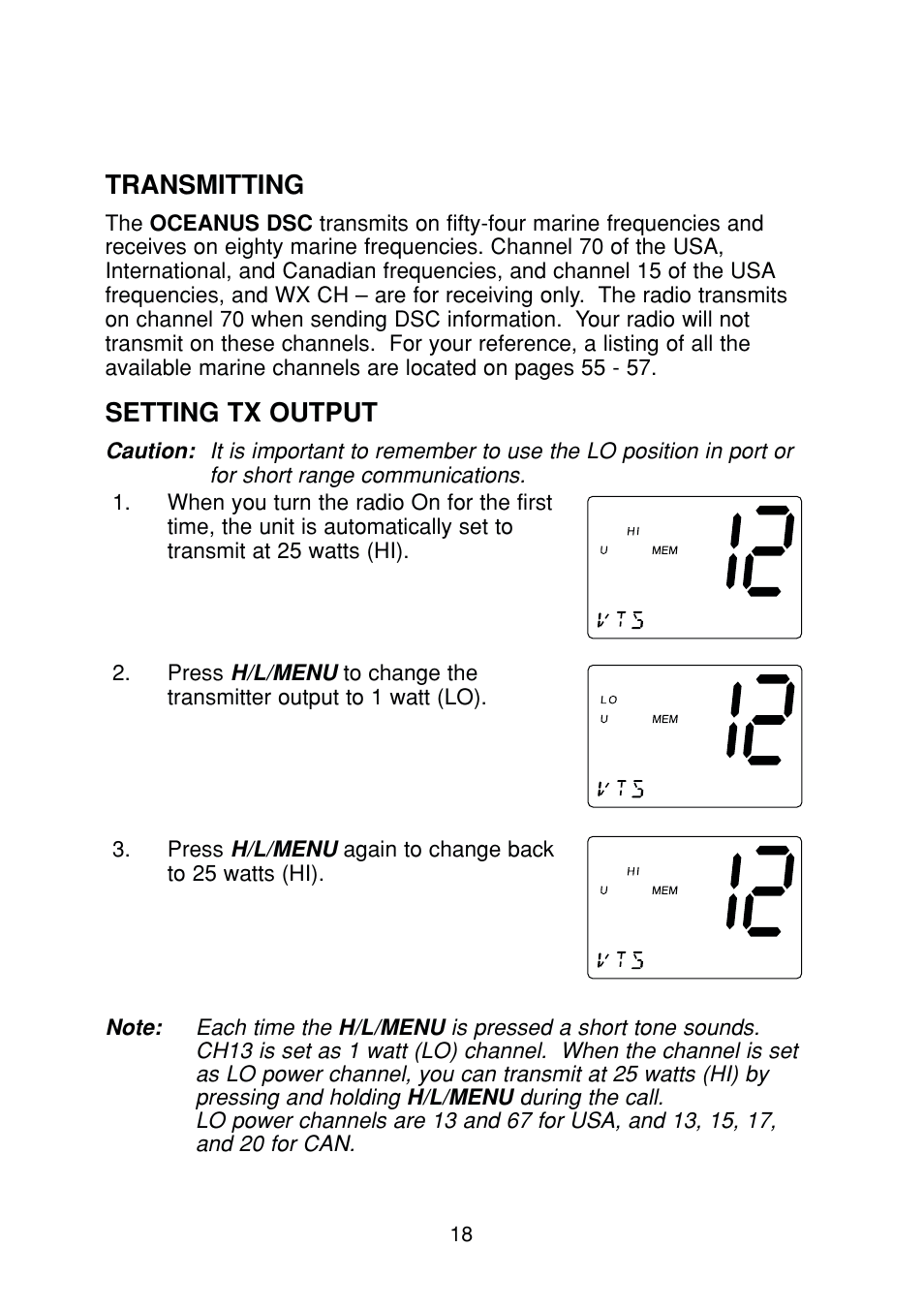 Transmitting, Setting tx output | Uniden DSC Series User Manual | Page 21 / 68