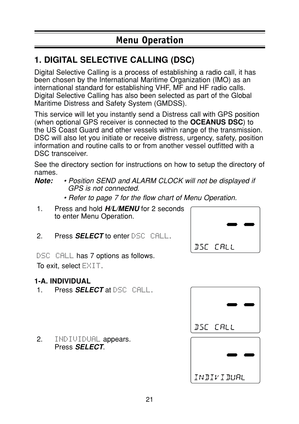 Menu operation, Digital selective calling (dsc) | Uniden DSC Series User Manual | Page 24 / 68