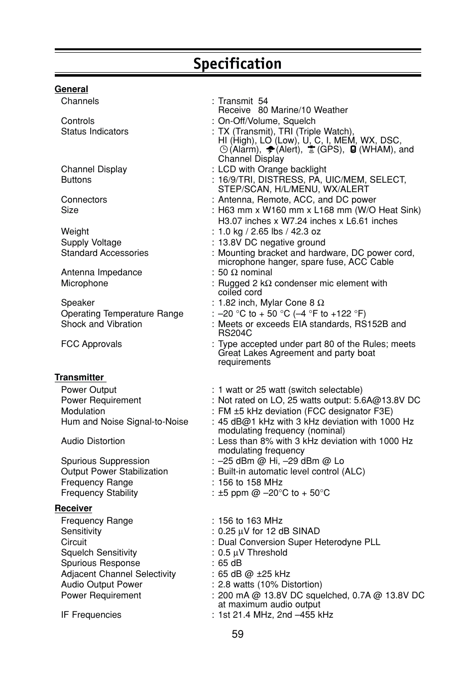 Specification | Uniden DSC Series User Manual | Page 62 / 68