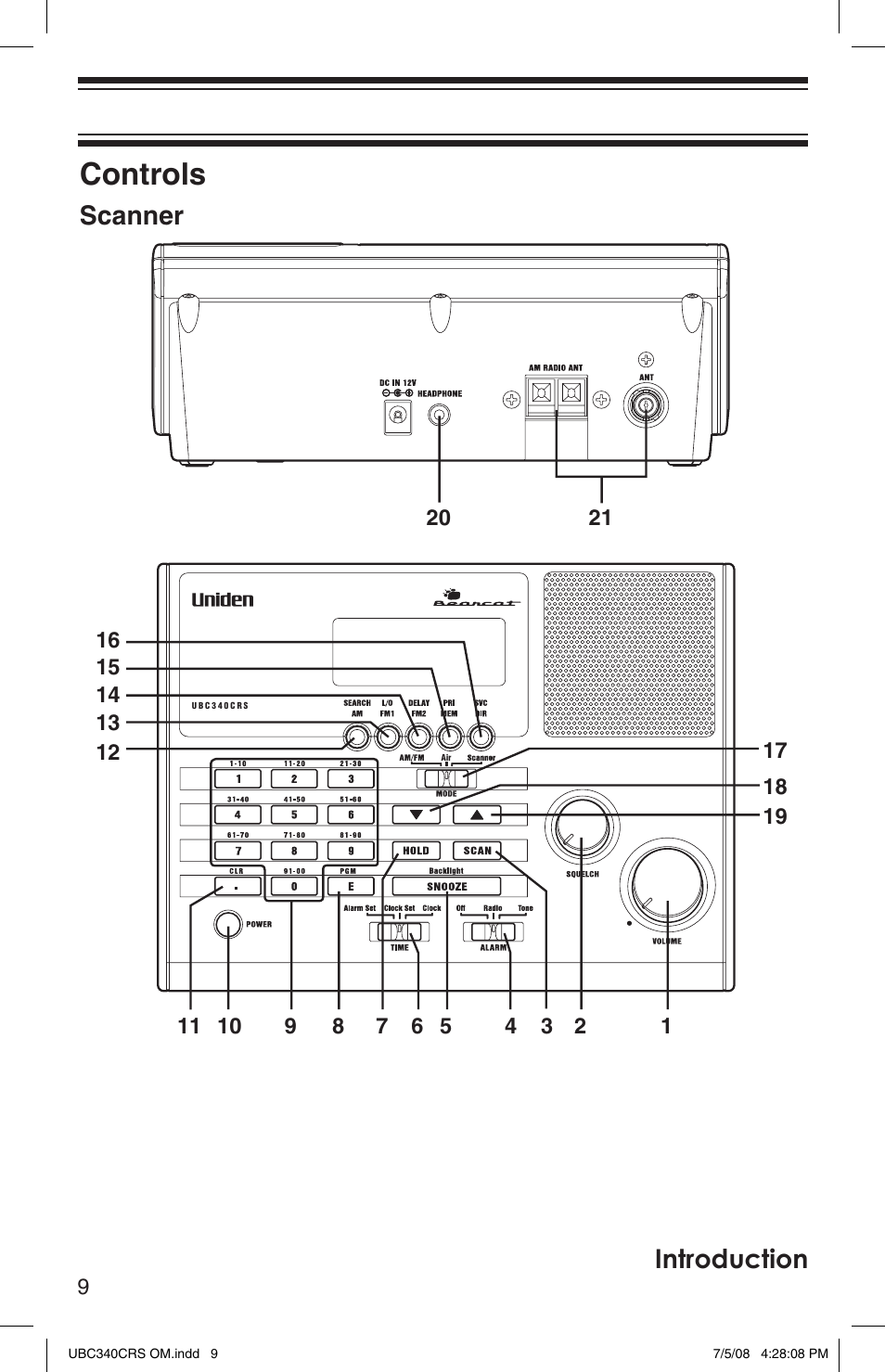 Controls, Introduction, Scanner | Uniden UBC340CRS User Manual | Page 10 / 32