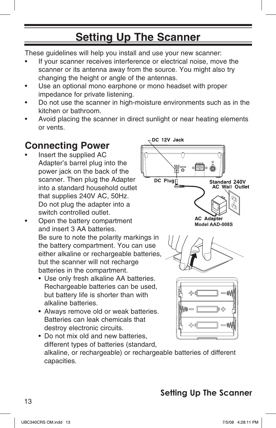 Connecting power, Setting up the scanner | Uniden UBC340CRS User Manual | Page 14 / 32