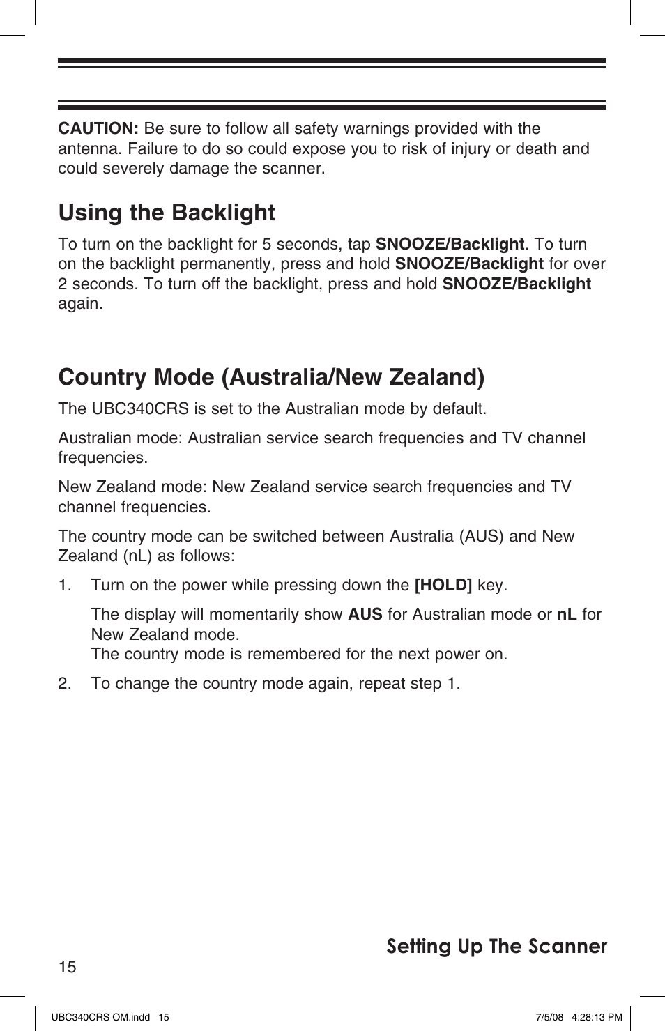 Using the backlight, Country mode (australia/new zealand), Setting up the scanner | Uniden UBC340CRS User Manual | Page 16 / 32