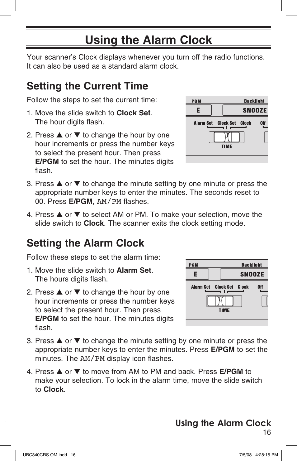 Setting the current time, Setting the alarm clock, Using the backlight | Country mode (australia/new zealand), Using the alarm clock, Setting up the scanner | Uniden UBC340CRS User Manual | Page 17 / 32