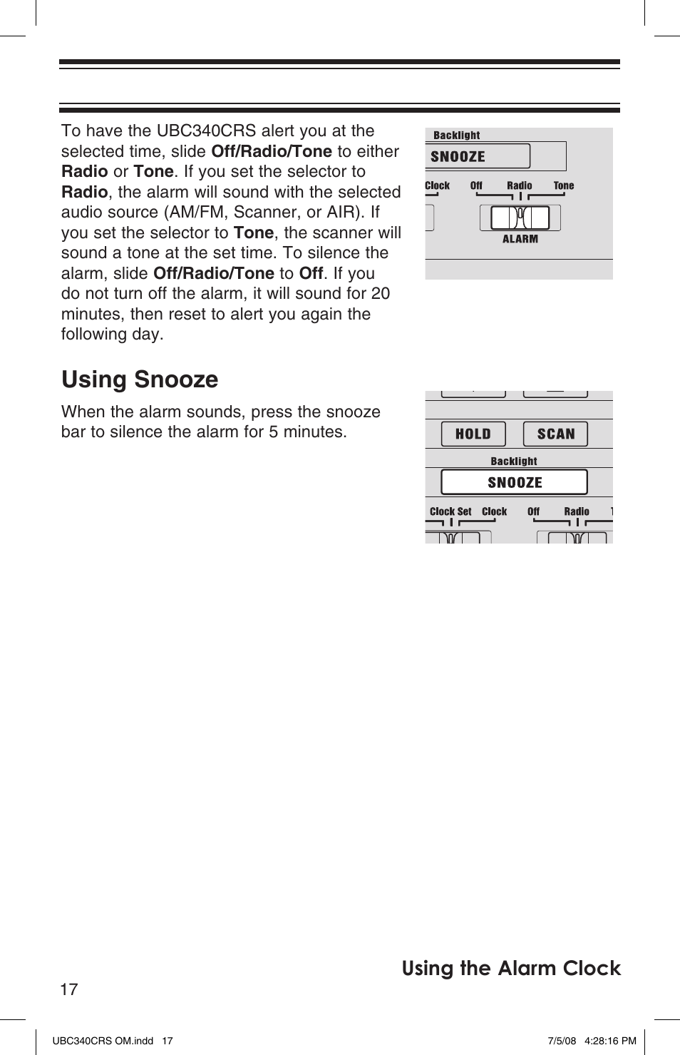 Using snooze, Using the alarm clock | Uniden UBC340CRS User Manual | Page 18 / 32