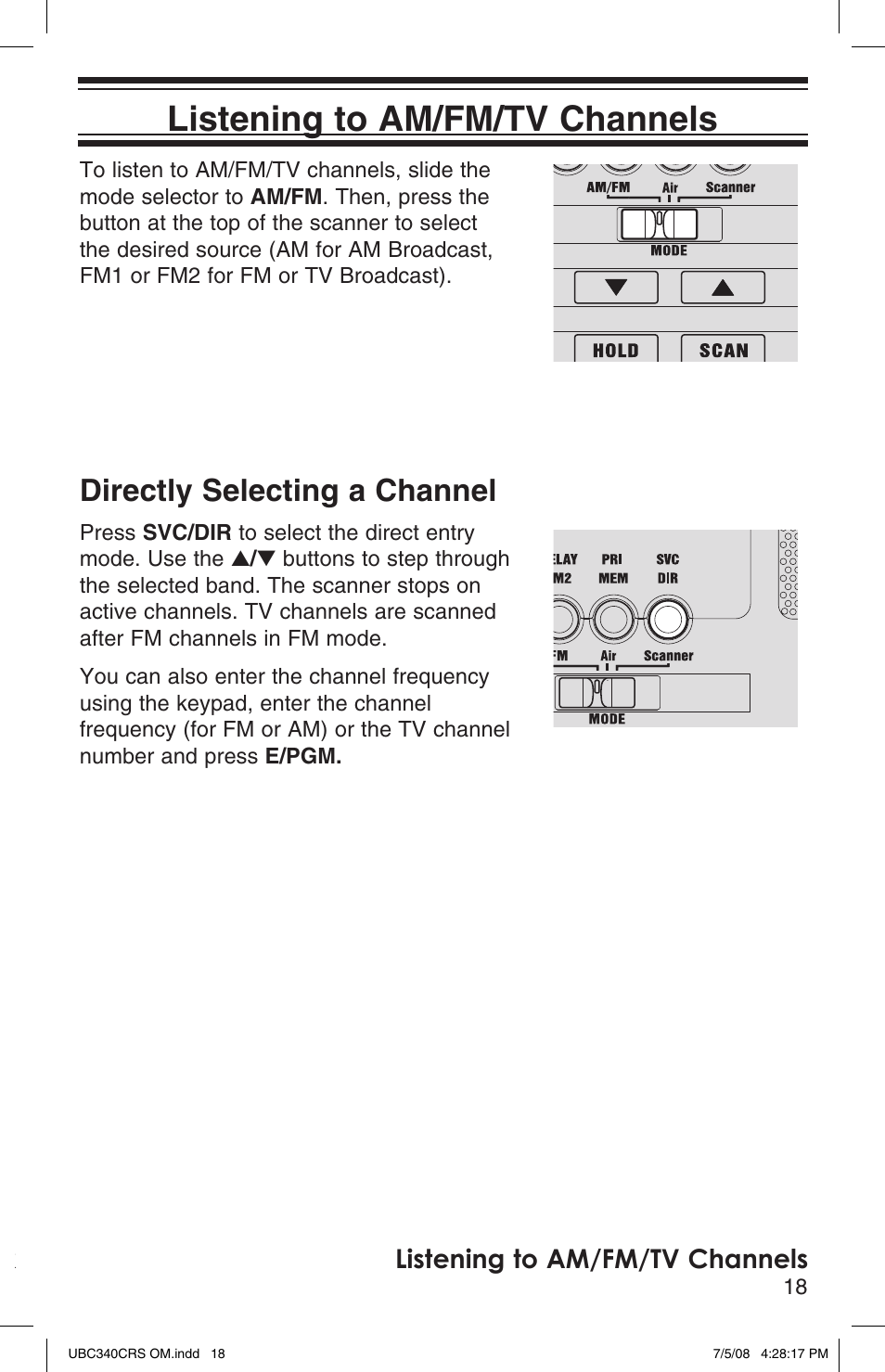 Directly selecting a channel, Listening to am/fm/tv channels, Using the alarm clock | Uniden UBC340CRS User Manual | Page 19 / 32