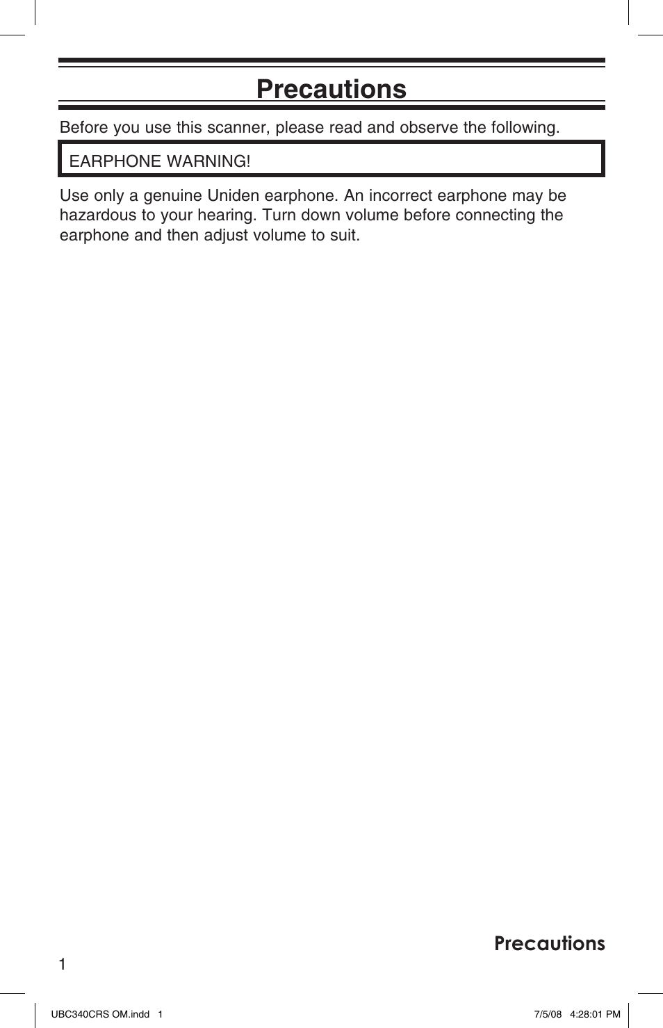 Precautions | Uniden UBC340CRS User Manual | Page 2 / 32
