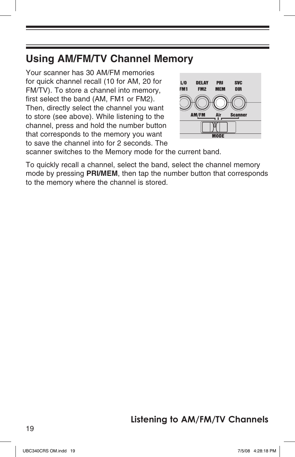 Listening to am/fm/tv channels | Uniden UBC340CRS User Manual | Page 20 / 32