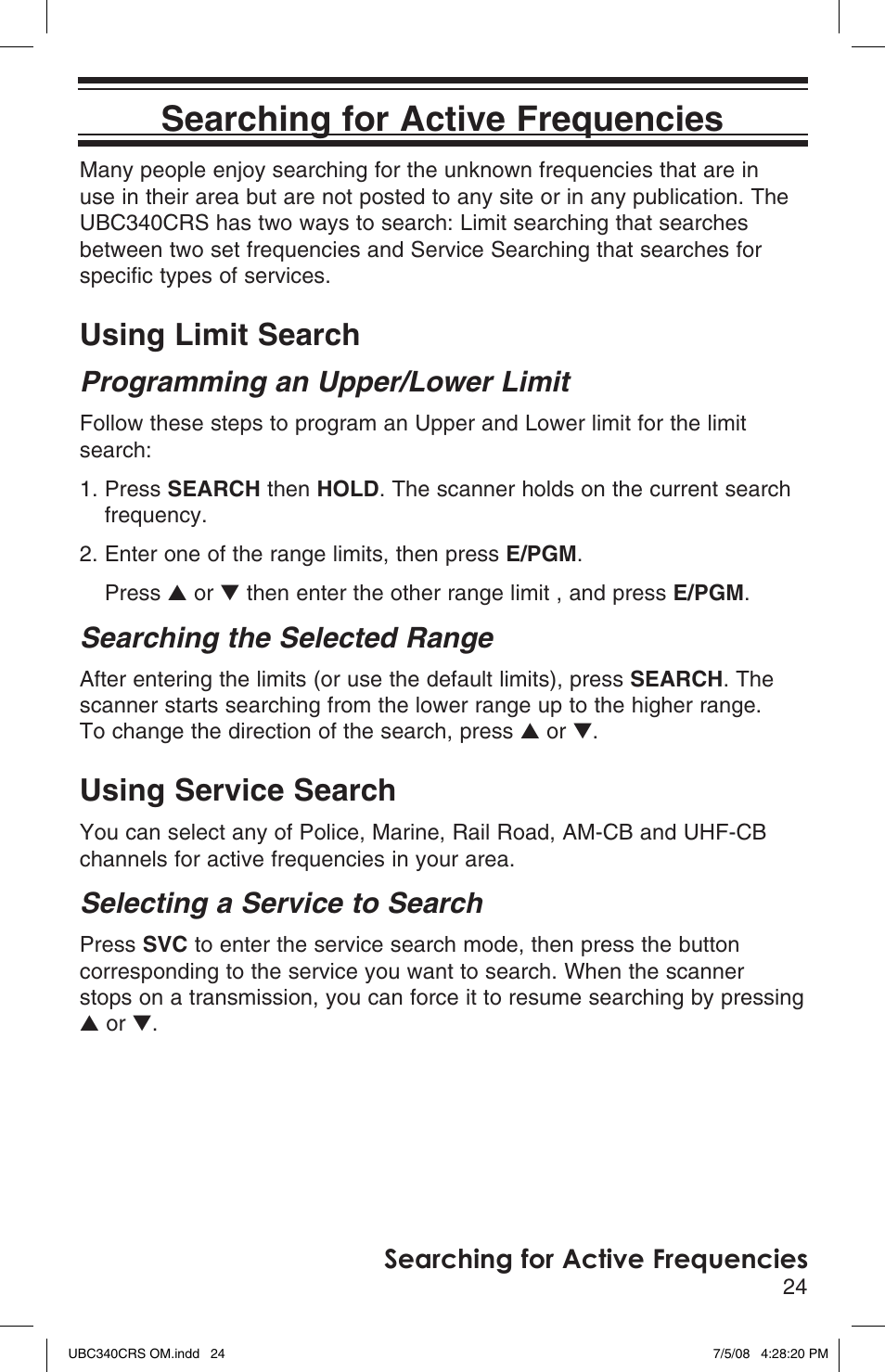 Searching for active frequencies, Using limit search, Using service search | Setting channel delay, Programming an upper/lower limit, Searching the selected range, Selecting a service to search | Uniden UBC340CRS User Manual | Page 25 / 32