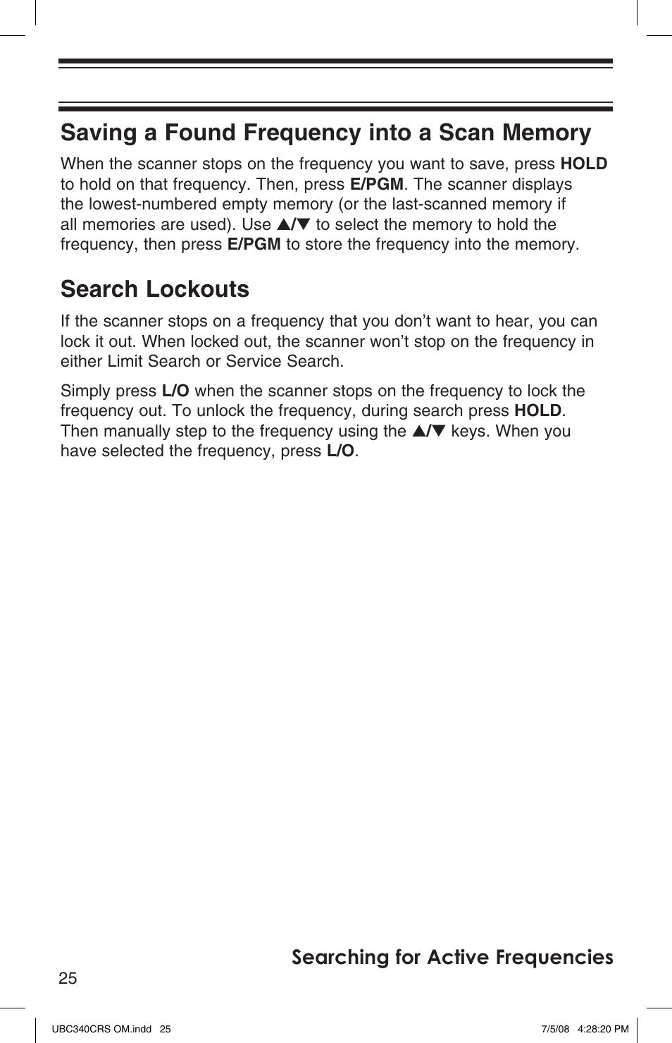 Search lockouts, Searching for active frequencies | Uniden UBC340CRS User Manual | Page 26 / 32