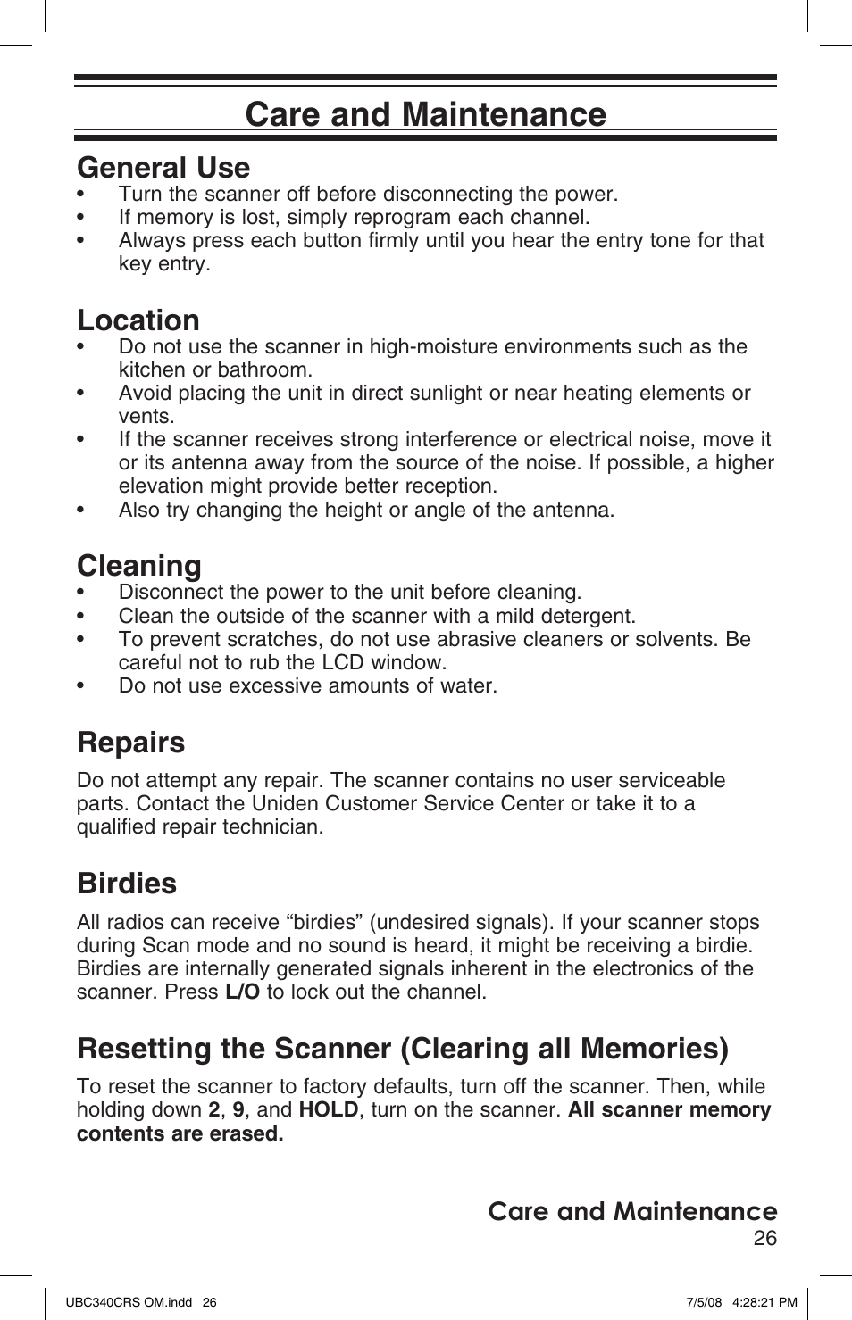 Care and maintenance, General use, Location | Cleaning, Repairs, Birdies, Searching for active frequencies | Uniden UBC340CRS User Manual | Page 27 / 32