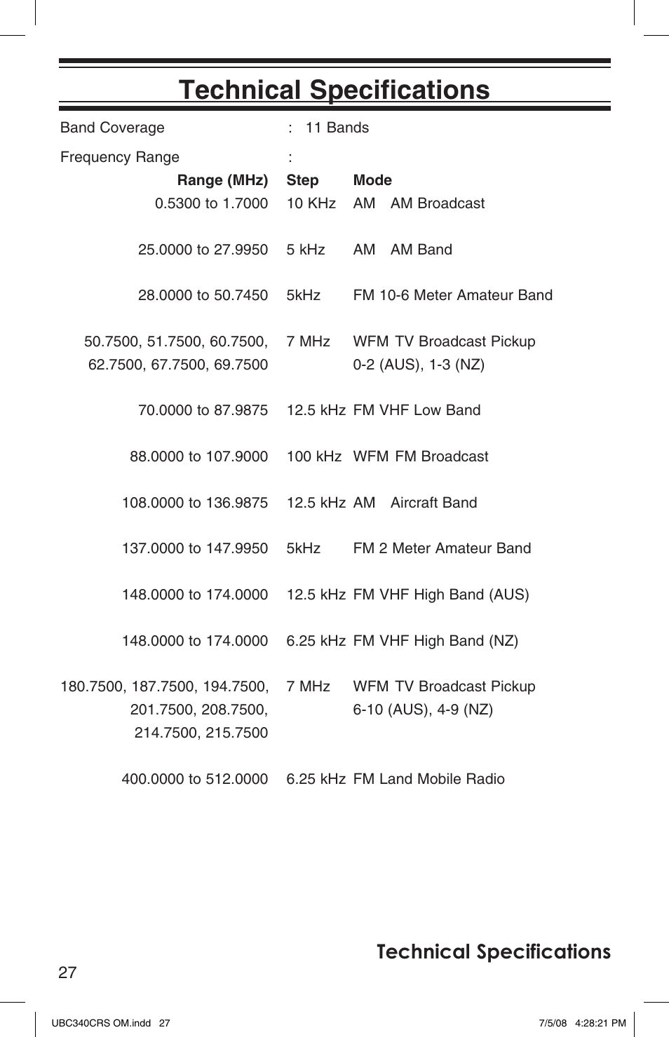 Technical specifications | Uniden UBC340CRS User Manual | Page 28 / 32