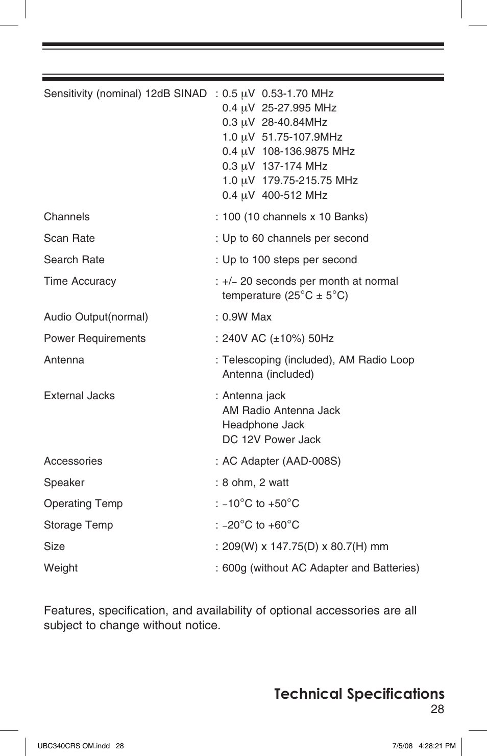 Technical specifications | Uniden UBC340CRS User Manual | Page 29 / 32