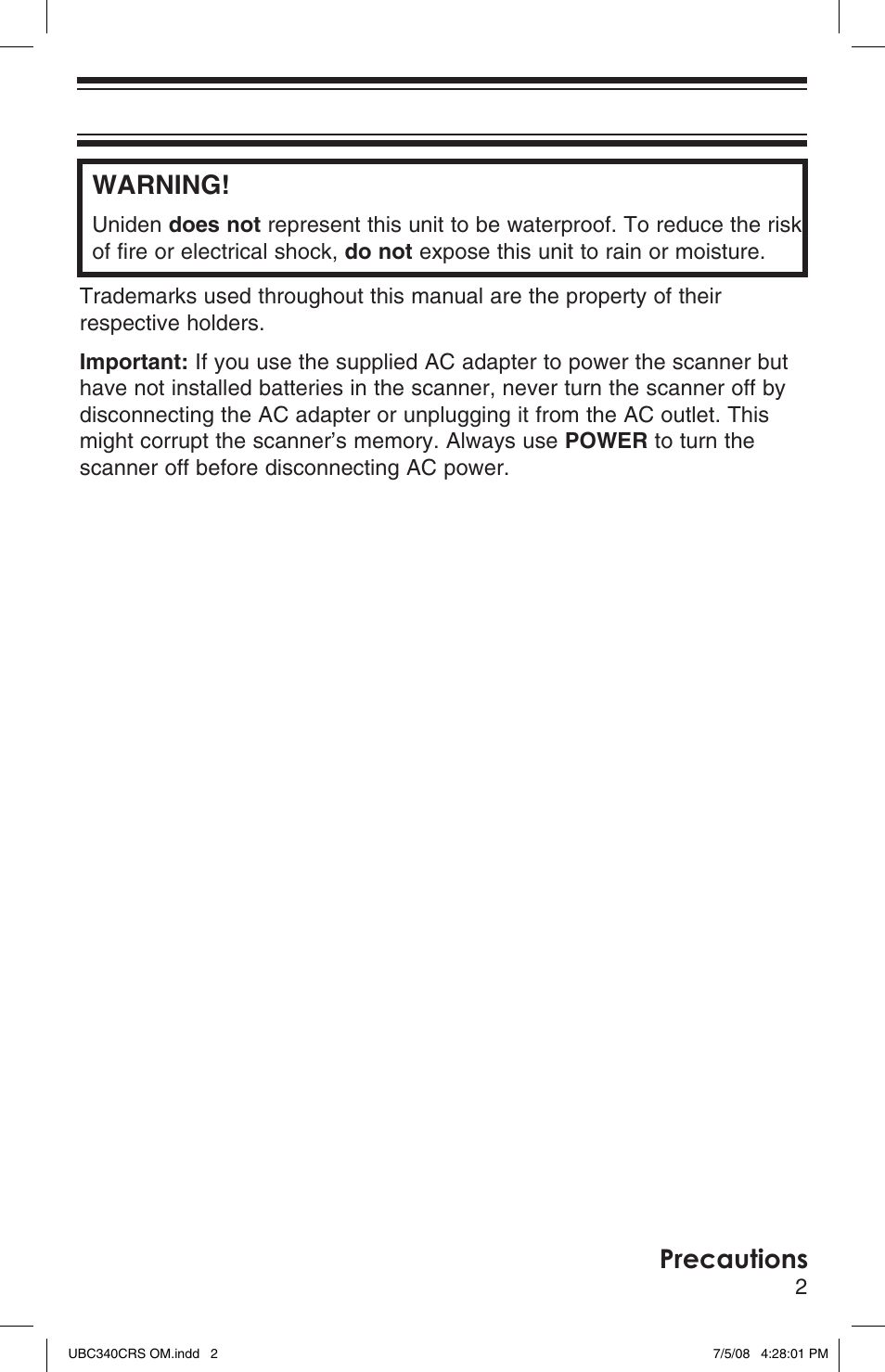 Warning, Precautions | Uniden UBC340CRS User Manual | Page 3 / 32