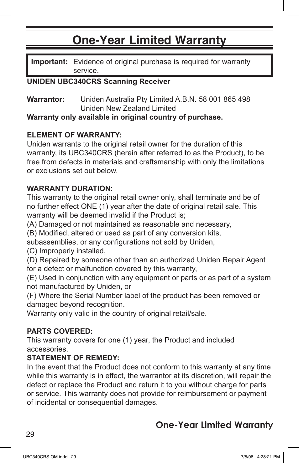 One-year limited warranty | Uniden UBC340CRS User Manual | Page 30 / 32