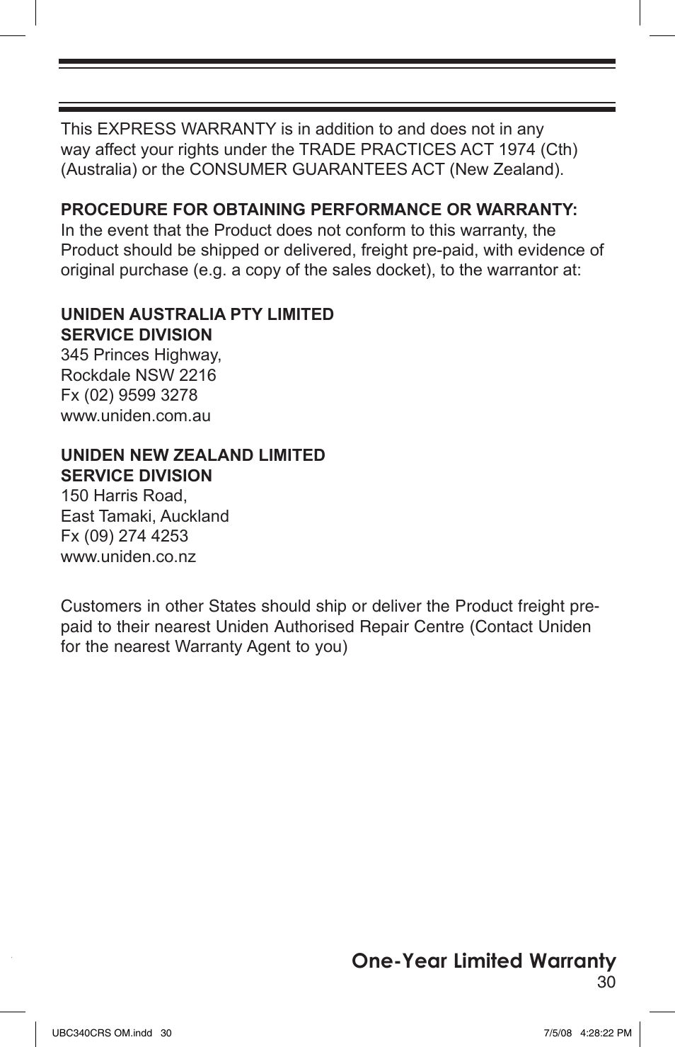 One-year limited warranty | Uniden UBC340CRS User Manual | Page 31 / 32