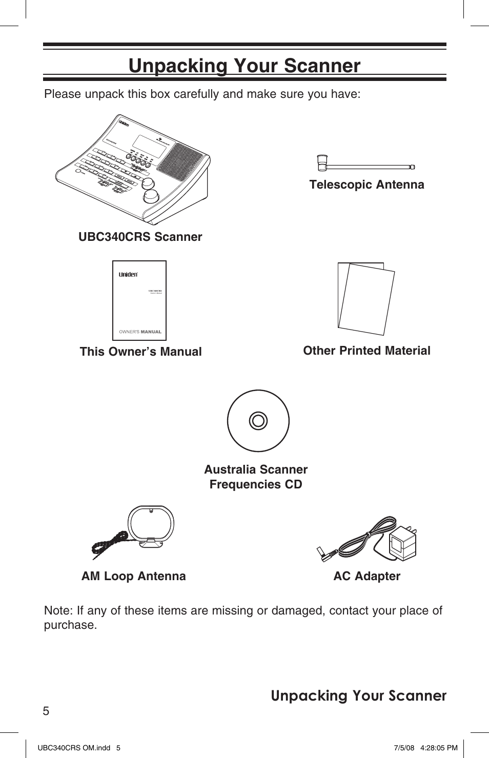 Unpacking your scanner | Uniden UBC340CRS User Manual | Page 6 / 32