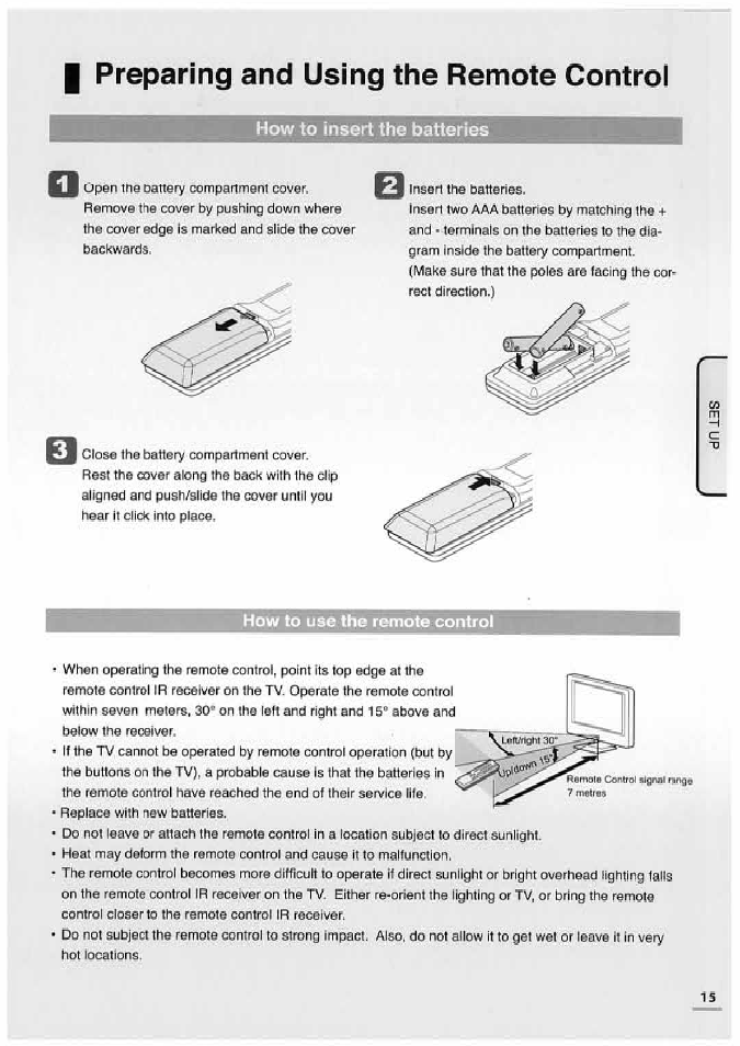 How to use the remote control, I preparing and using the remote controi, How to insert the batteries | Uniden TL32TX1-AW User Manual | Page 15 / 60