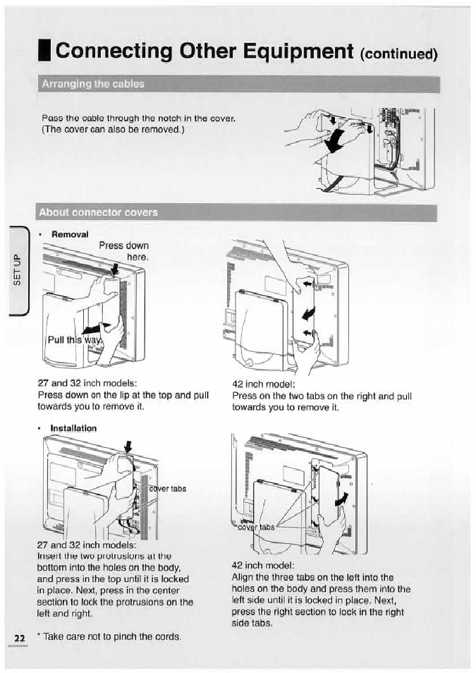 I connecting other equipment, Arranging the cables, About connector covers | Connecting other equipment, Continued) | Uniden TL32TX1-AW User Manual | Page 22 / 60