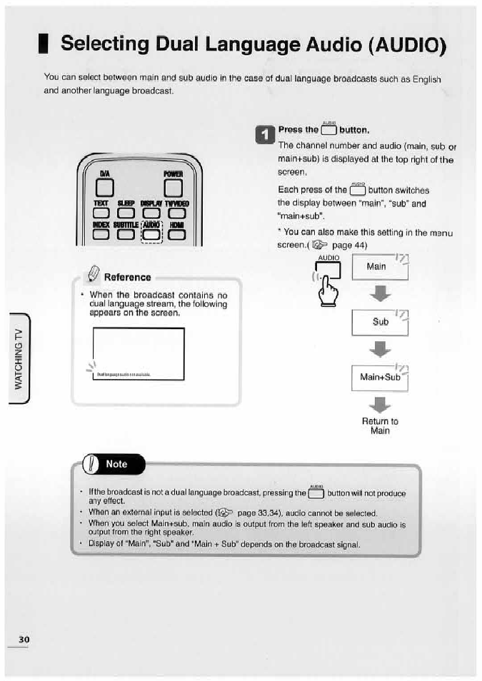 Selecting dual language audio (audio) | Uniden TL32TX1-AW User Manual | Page 30 / 60