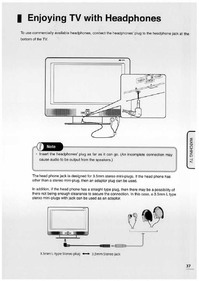 I enjoying tv with headphones, Enjoying tv with headphones | Uniden TL32TX1-AW User Manual | Page 37 / 60