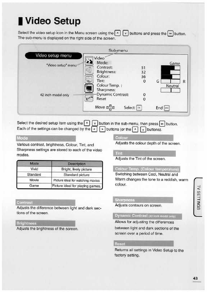 I video setup, Video setup | Uniden TL32TX1-AW User Manual | Page 43 / 60