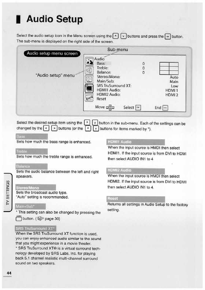 I audio setup, Audio setup | Uniden TL32TX1-AW User Manual | Page 44 / 60