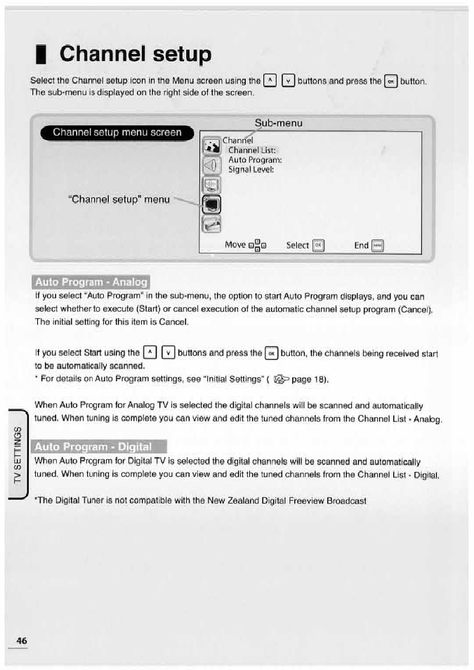 I channel setup, Sub-menu, Auto program - analog | Auto proqram • diqitai, Channel setup | Uniden TL32TX1-AW User Manual | Page 46 / 60