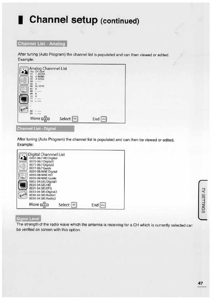 I channgl sotup (continued), Channel list - analog, Channgl sotup | 10 i, Continued) | Uniden TL32TX1-AW User Manual | Page 47 / 60