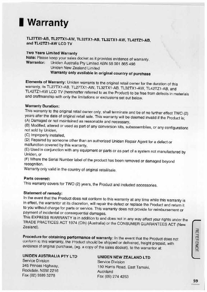 I warranty, Warranty | Uniden TL32TX1-AW User Manual | Page 59 / 60