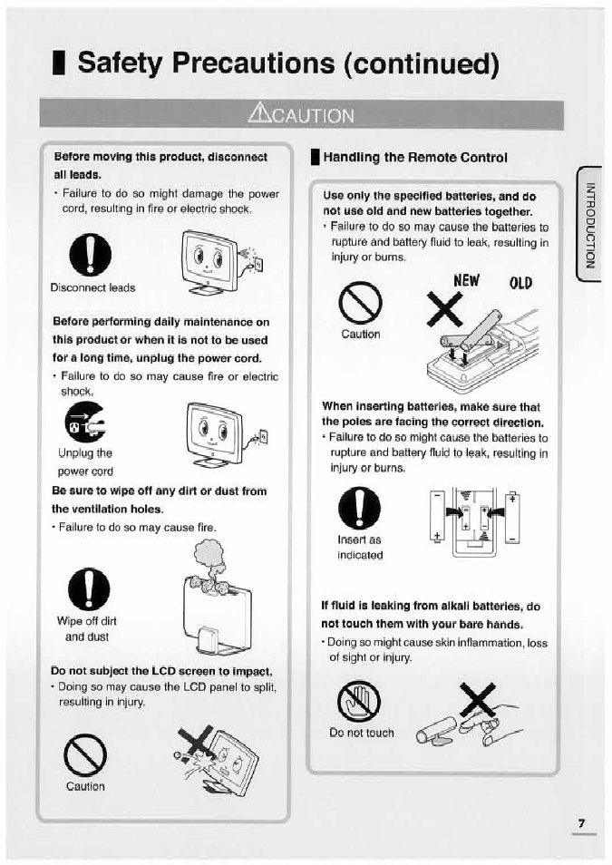 I handling the remote control, I safety precautions (continued), Nei^ old | 1"o 0, Caution | Uniden TL32TX1-AW User Manual | Page 7 / 60