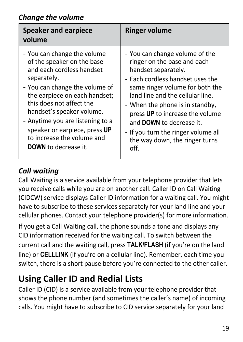 Using caller id and, Redial lists, Using caller id and redial lists | Uniden DECT3181 User Manual | Page 19 / 44