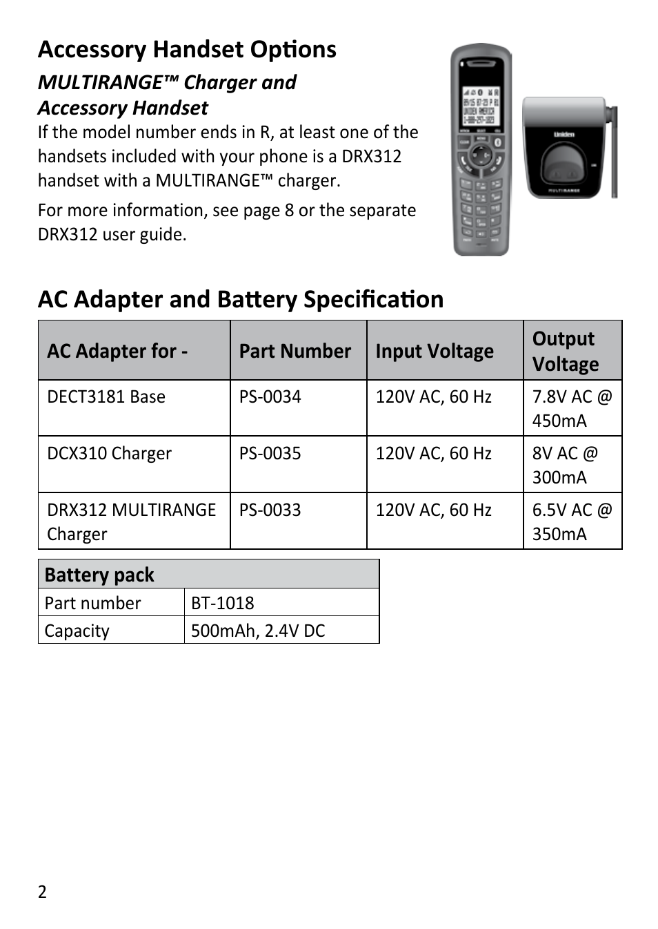 Accessory handset options, Ac adapter and battery specification | Uniden DECT3181 User Manual | Page 2 / 44