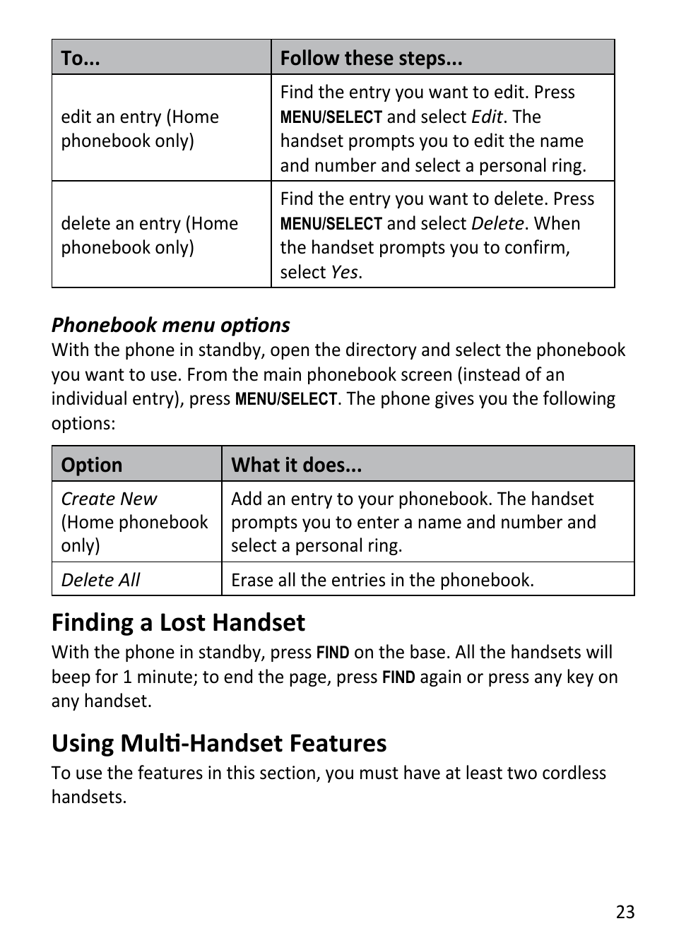 Finding a lost handset, Using multi-handset, Features | Using multi-handset features | Uniden DECT3181 User Manual | Page 23 / 44