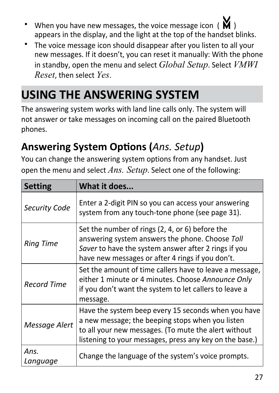 Using the answering system, Answering system options, Ans. setup ) | Answering system options ( ans. setup ) | Uniden DECT3181 User Manual | Page 27 / 44