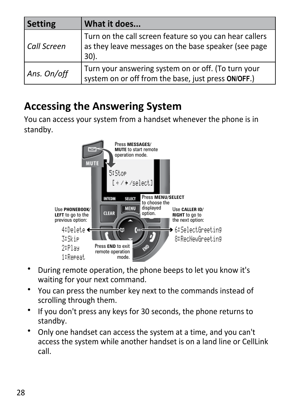 Accessing the answering, System, Accessing the answering system | Setting what it does | Uniden DECT3181 User Manual | Page 28 / 44