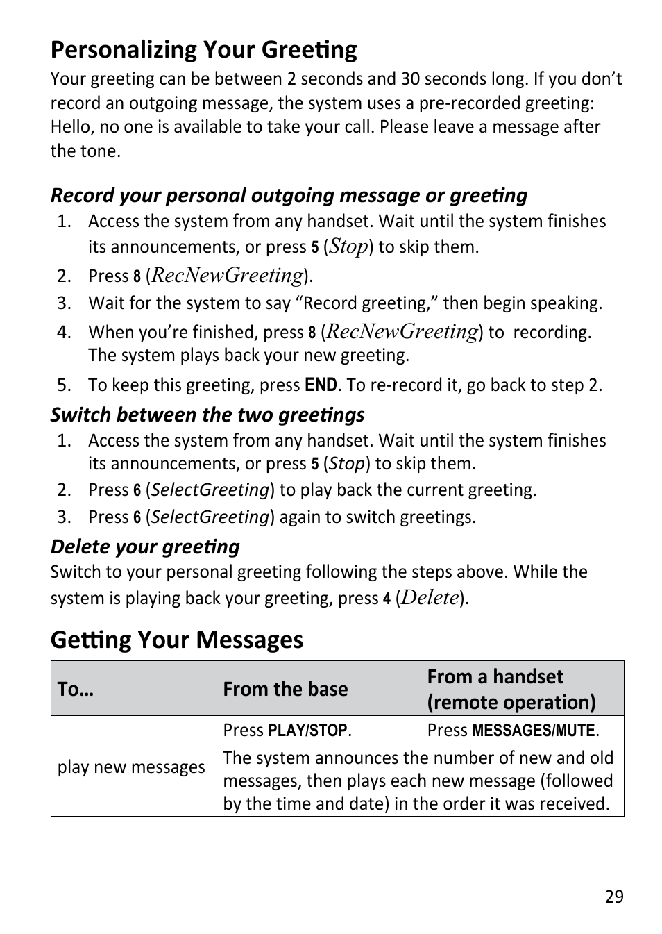 Personalizing your greeting, Getting your messages | Uniden DECT3181 User Manual | Page 29 / 44