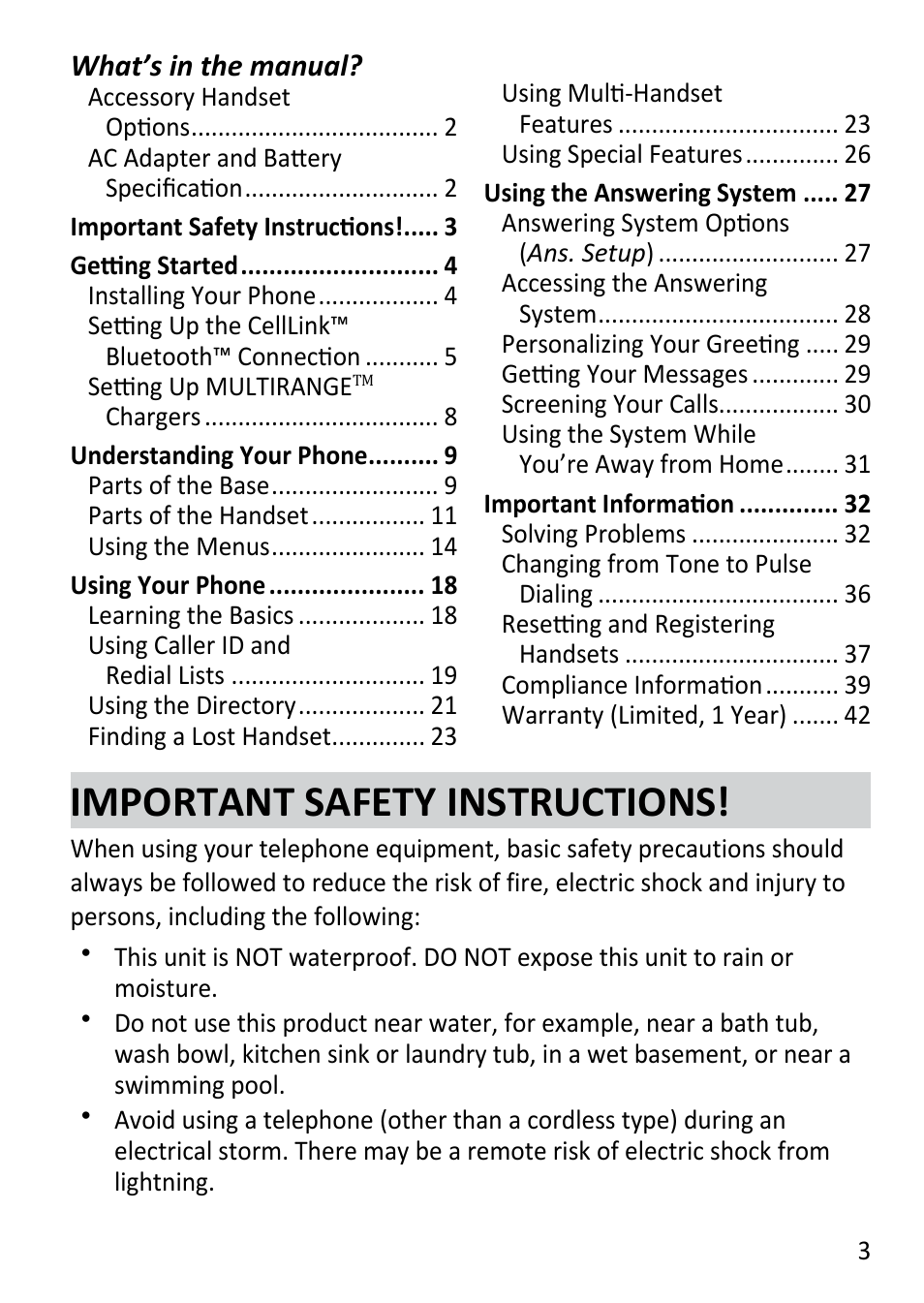 Important safety instructions | Uniden DECT3181 User Manual | Page 3 / 44