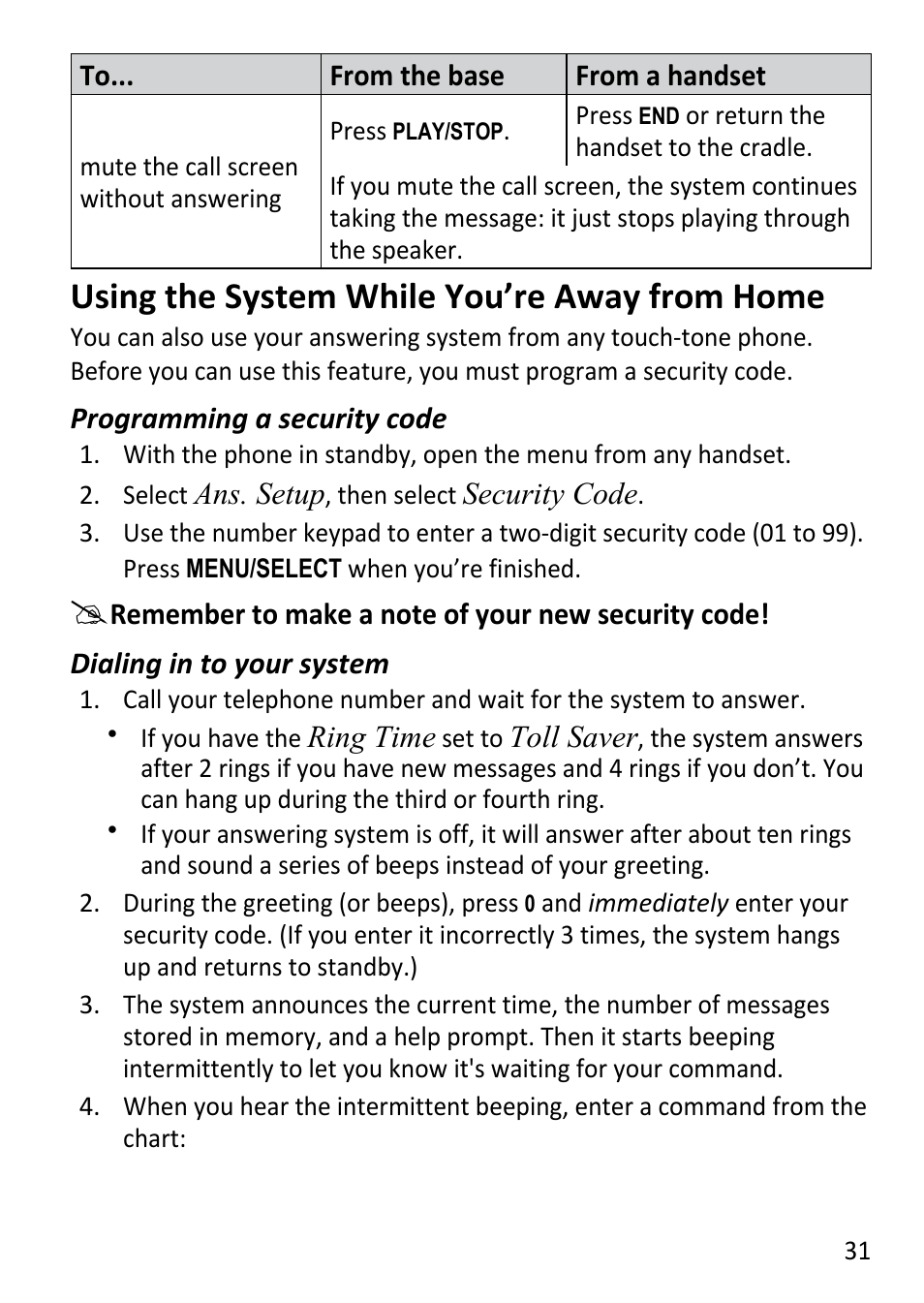 Using the system while, You’re away from home, Using the system while you’re away from home | Uniden DECT3181 User Manual | Page 31 / 44