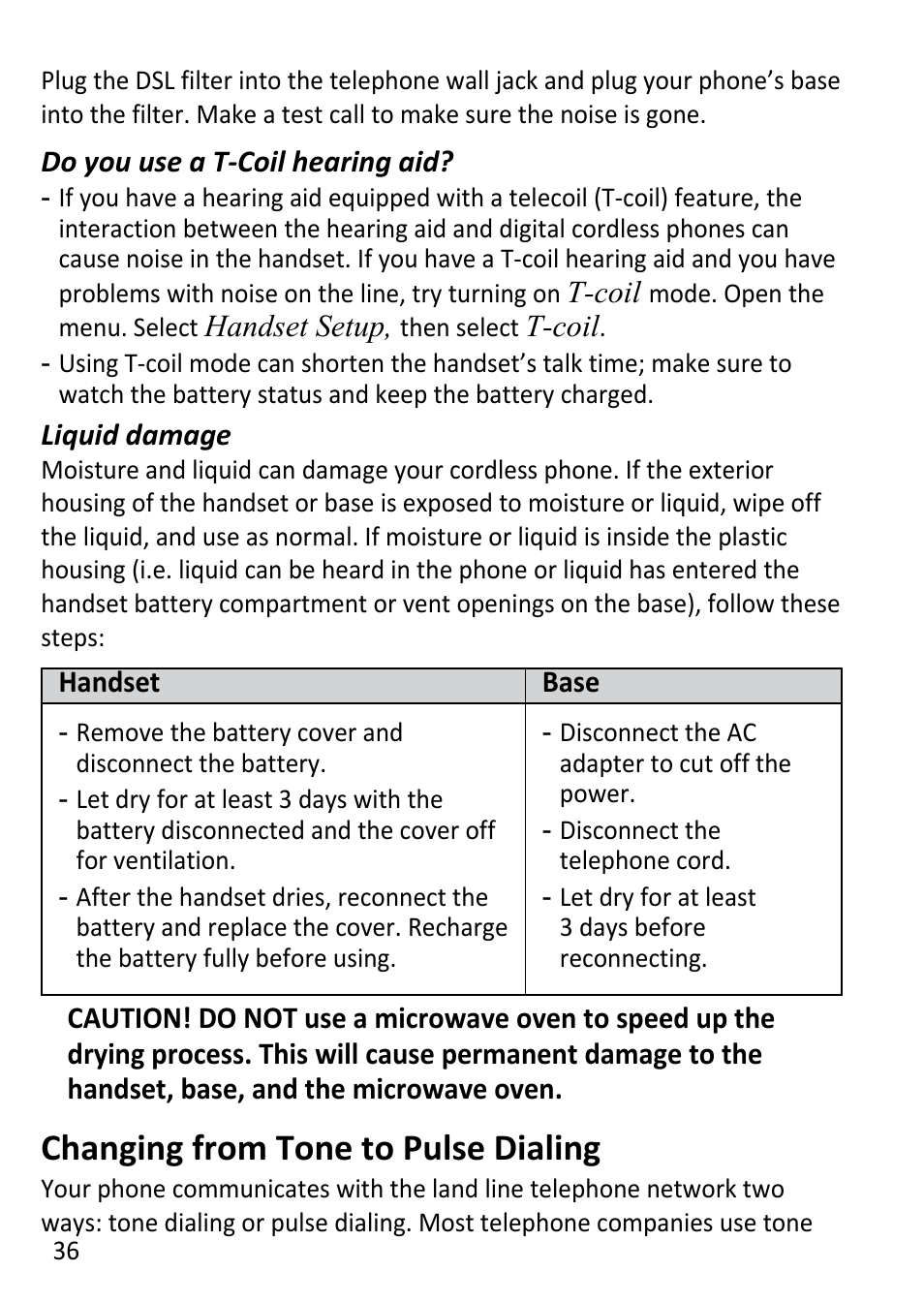 Changing from tone to pulse, Dialing, Changing from tone to pulse dialing | Uniden DECT3181 User Manual | Page 36 / 44