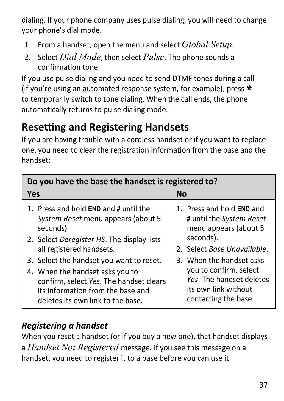 Resetting and registering, Handsets, Resetting and registering handsets | Uniden DECT3181 User Manual | Page 37 / 44