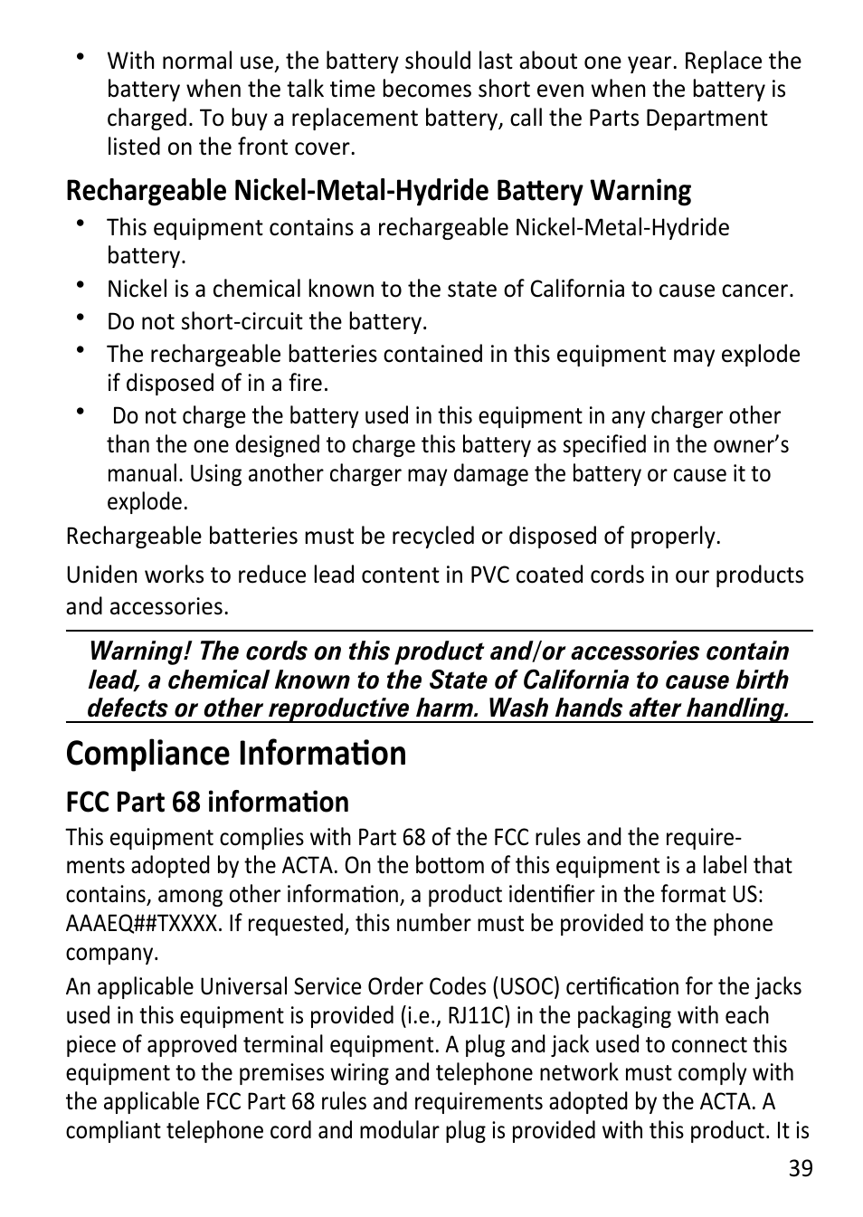 Compliance information, Rechargeable nickel-metal-hydride battery warning, Fcc part 68 information | Uniden DECT3181 User Manual | Page 39 / 44