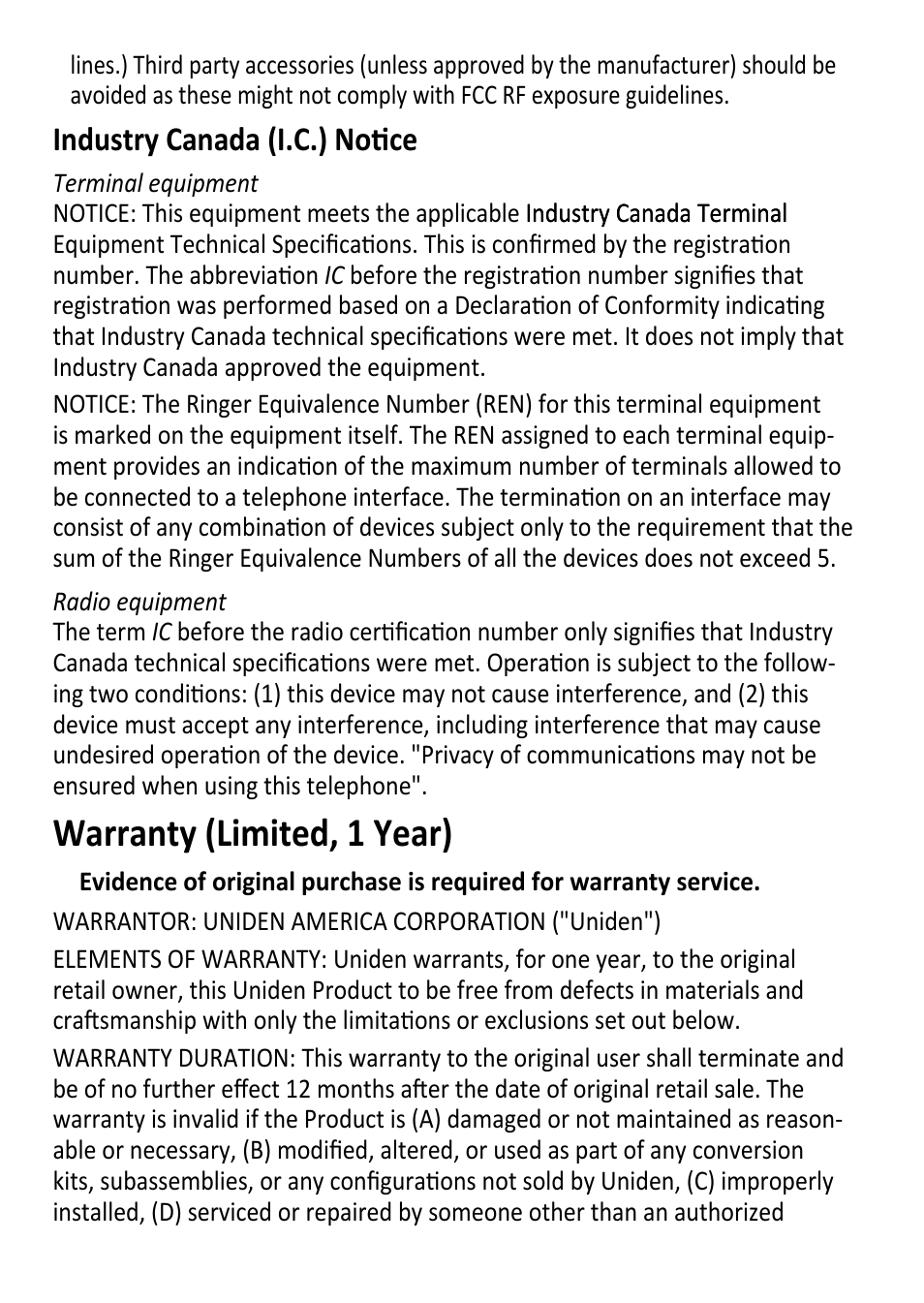 Warranty (limited, 1 year), Industry canada (i.c.) notice | Uniden DECT3181 User Manual | Page 42 / 44