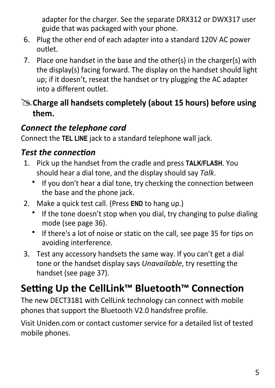 Setting up the celllink, Bluetooth™ connection, Setting up the celllink™ bluetooth™ connection | Uniden DECT3181 User Manual | Page 5 / 44