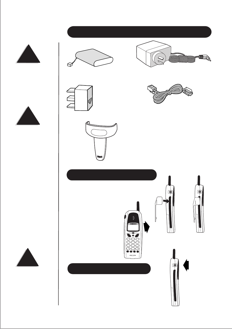 Accessories included in your package, Installing the belt clip, Headset installation | Rechargeable battery ac adaptor belt clip, Telephone cord, Telephone cord adaptor (australia only), Gently pull one side of the beltclip to release | Uniden DS845 User Manual | Page 11 / 32