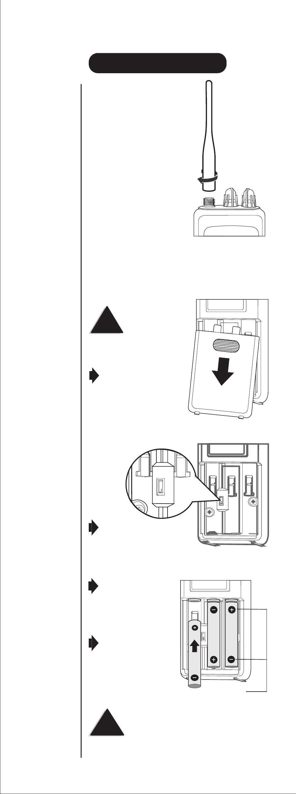 Getting started, Antenna, Batteries | Polarity 5, Make sure the antenna is firmly seated | Uniden HH955 User Manual | Page 6 / 14