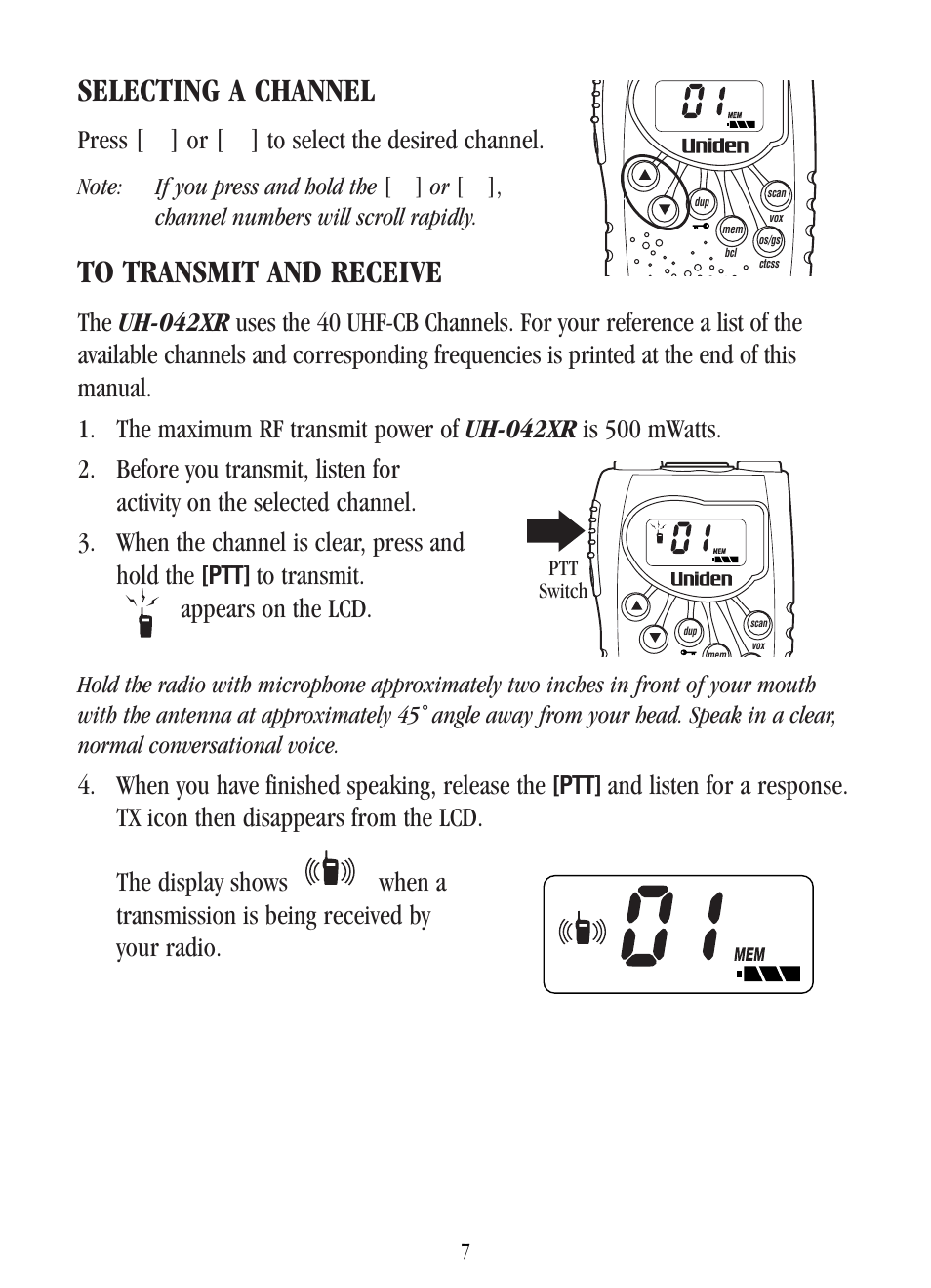 Selecting a channel, Press [▲] or [▼] to select the desired channel, When you have finished speaking, release the | Uniden UH-042XR User Manual | Page 10 / 28